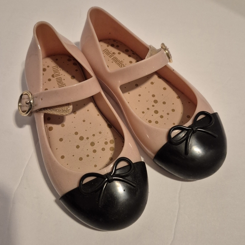 Mini Melissa toddler size 9 pink sparkly with black toe dressy shoes